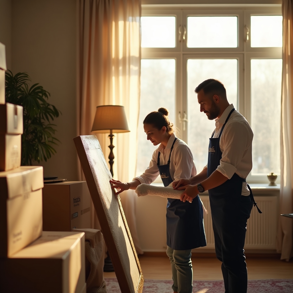 Two packing specialists carefully wrapping a framed painting and cushioning a floor lamp inside a bright residential living room before a move