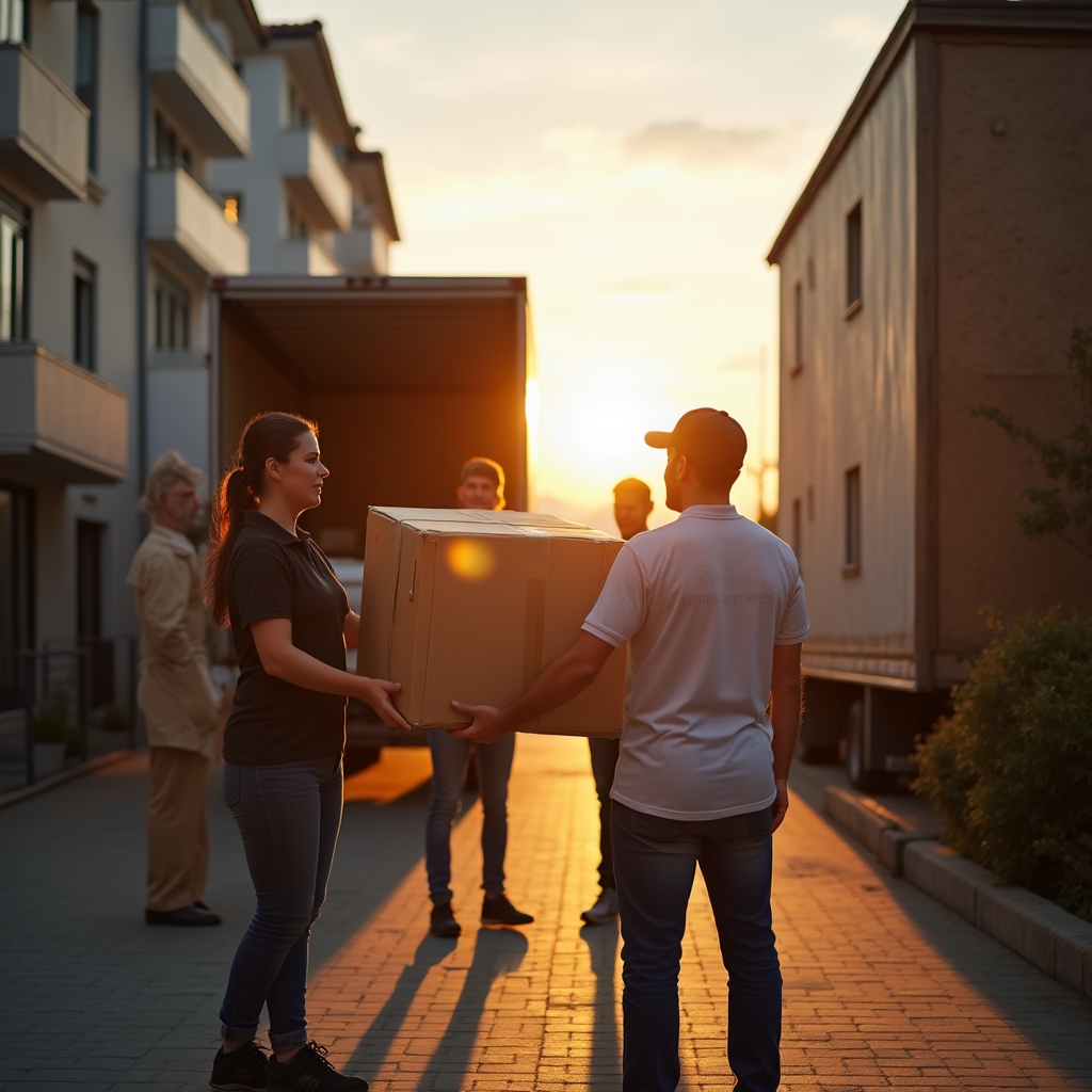 Packing team handing over labelled boxes and a crated mirror to a moving company crew loading a truck